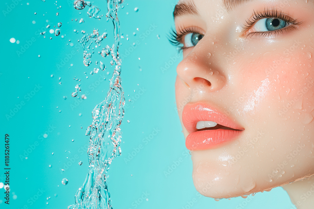 Close-up of a beautiful pretty woman’s face with water droplets, showcasing beauty, freshness, and glowing skin in a vibrant portrait. Close-up of a beautiful pretty woman’s face with water droplets, showcasing beauty, freshness, and glowing skin in a vibrant portrait.