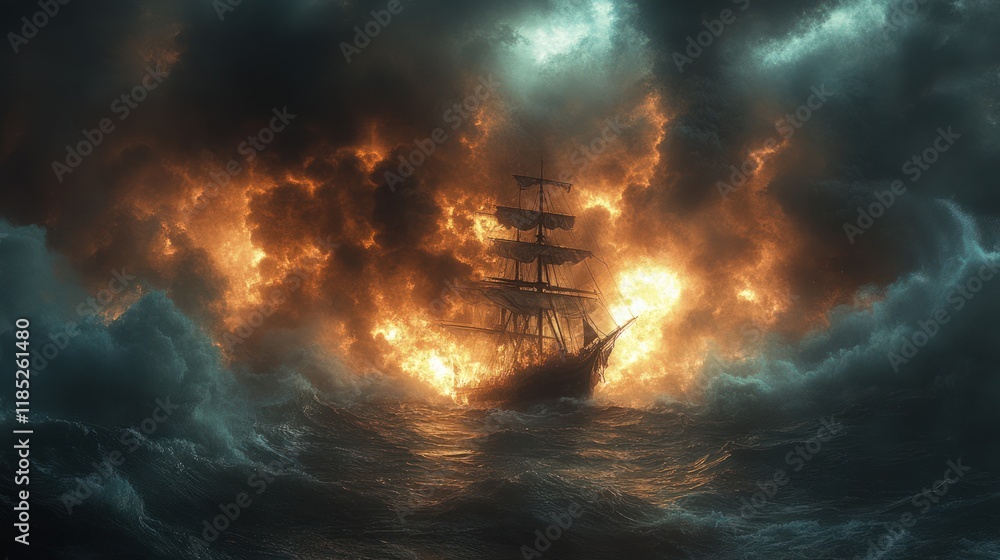 Fototapeta premium Sailing ship engulfed in fiery storm clouds at sea.
