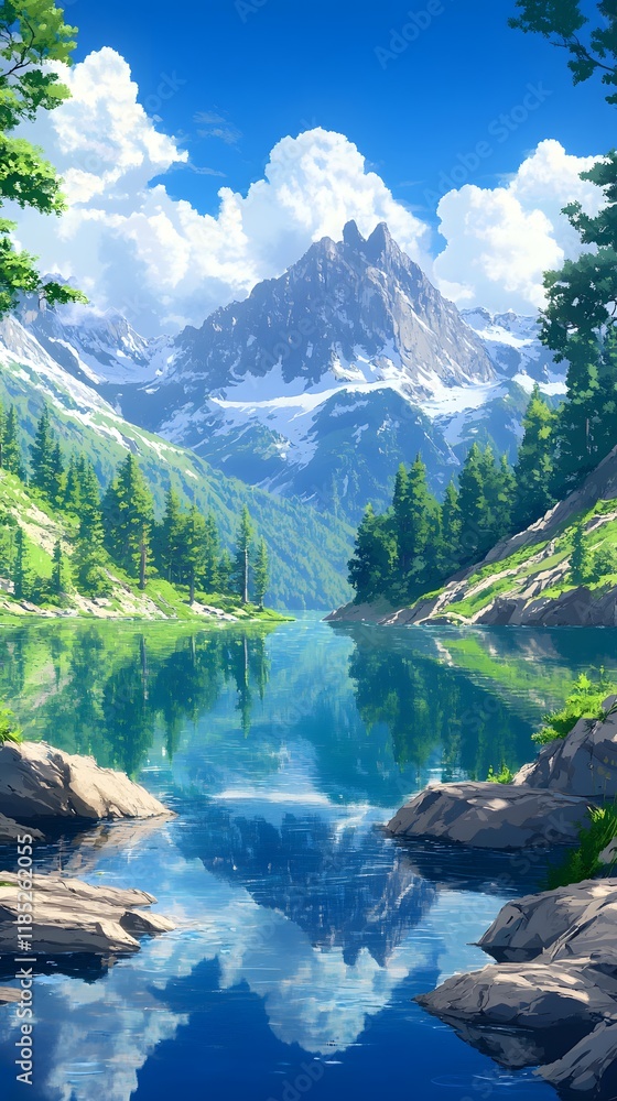 A serene mountain landscape reflecting on a calm lake. A serene mountain landscape reflecting on a calm lake.