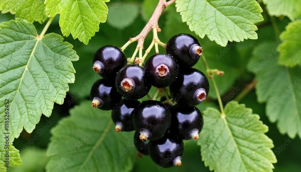 Close-up of a cluster of plump black currants on a branch. Close-up of a cluster of plump black currants on a branch.