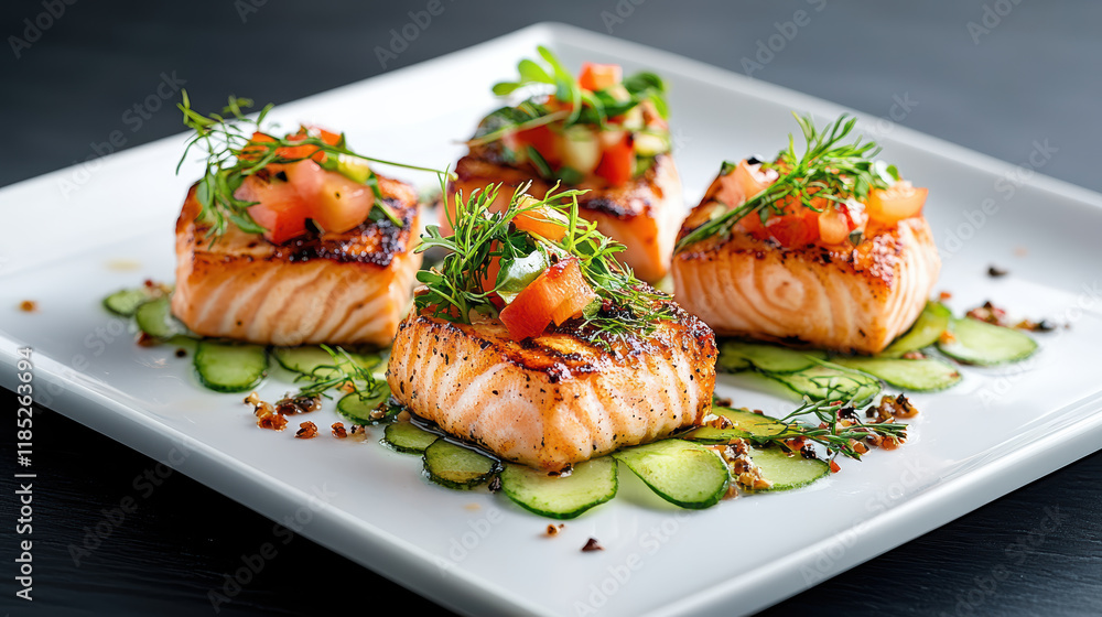 Delicious salmon fillets garnished with fresh herbs and vegetables Delicious salmon fillets garnished with fresh herbs and vegetables