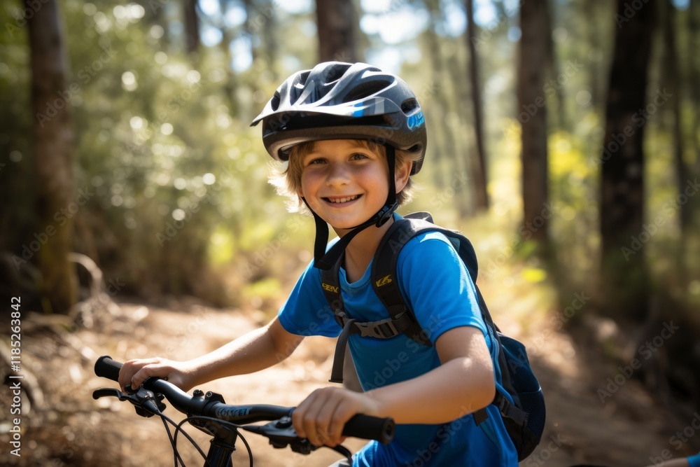 Cute little boy riding a bicycle in forest on a sunny day Cute little boy riding a bicycle in forest on a sunny day
