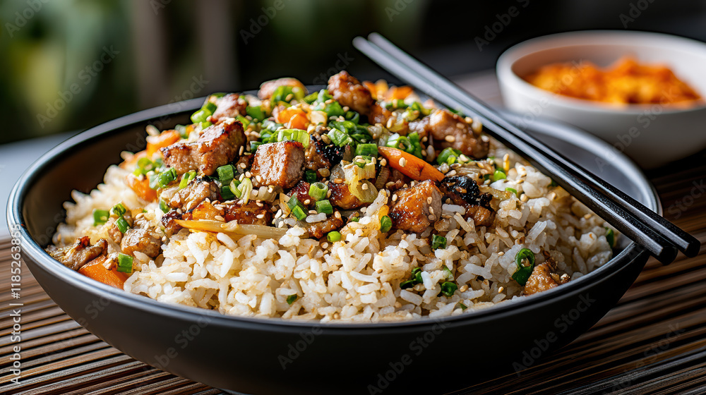 Delicious Asian fried rice with vegetables and meat, served in bowl Delicious Asian fried rice with vegetables and meat, served in bowl