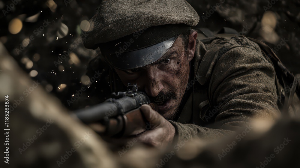 Fototapeta premium Soldier aiming weapon in a dramatic combat setting