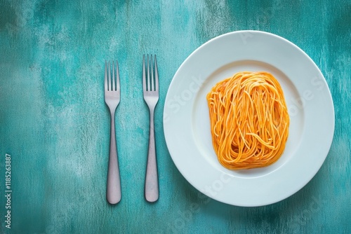 Fine Spaghetti Noodles Arranged Neatly on a White Plate with Two Forks on a Turquoise Textured Background for Culinary and Food Photography Purposes