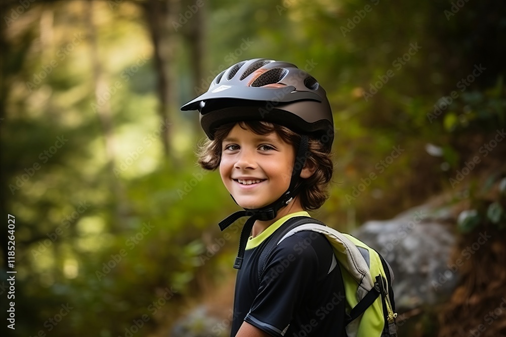 Portrait of a smiling boy with helmet and backpack standing in the forest Portrait of a smiling boy with helmet and backpack standing in the forest