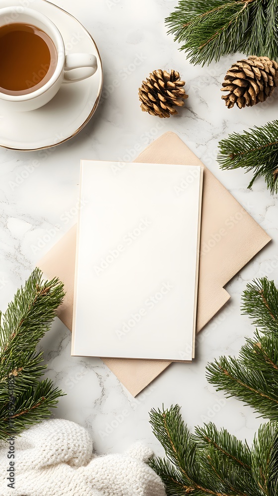 Cozy winter scene with a cup of tea, pinecones, and a blank card on marble. Cozy winter scene with a cup of tea, pinecones, and a blank card on marble.