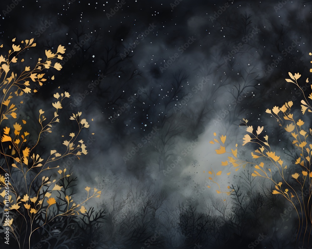 Fototapeta premium Stylized Night Forest with Golden Flora