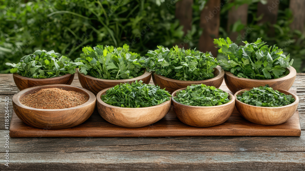 Fresh herbs in wooden bowls arranged on wooden tray outdoors
