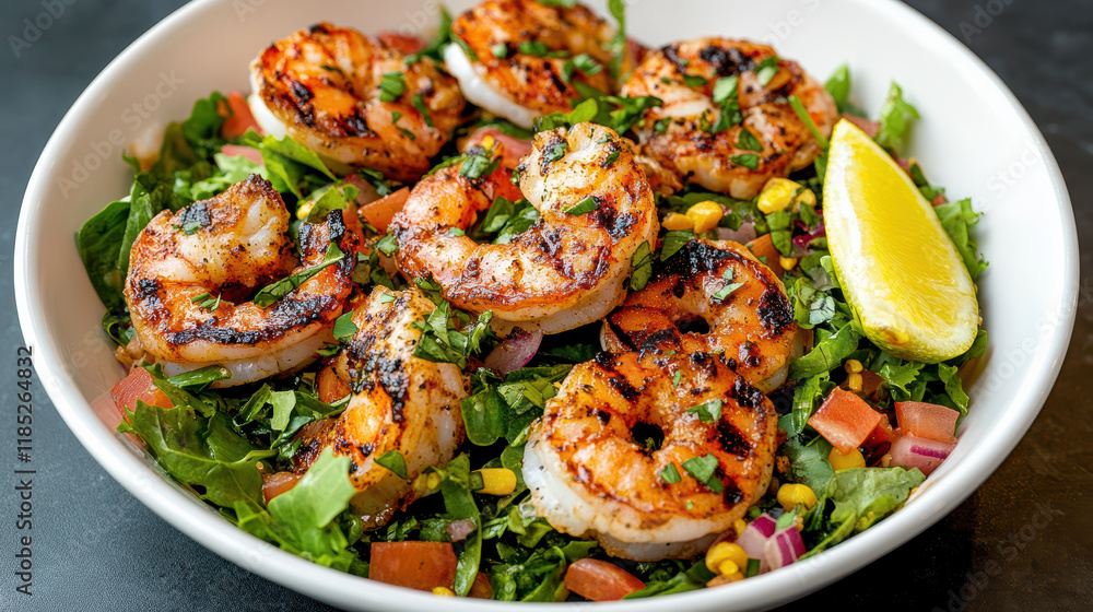 Grilled shrimp salad with fresh greens, corn, and lime garnish Grilled shrimp salad with fresh greens, corn, and lime garnish