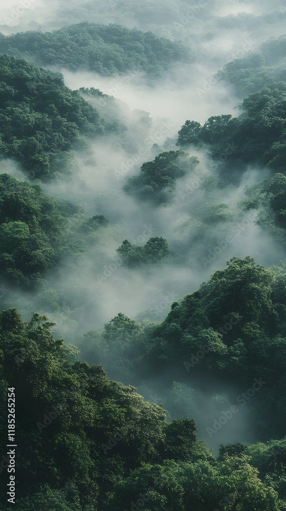 Lush green forest enveloped in morning mist, creating a serene and tranquil atmosphere. Lush green forest enveloped in morning mist, creating a serene and tranquil atmosphere.