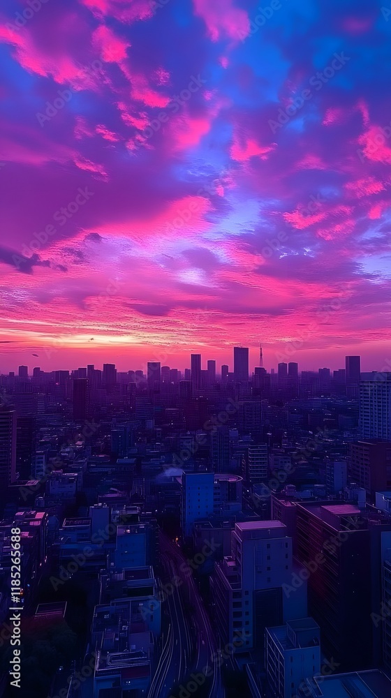 Fototapeta premium Stunning urban sunset with vibrant pink and purple skies over the city skyline.