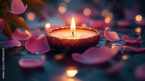 Glowing Candle Surrounded by Flower Petals Festival of Lights Celebration Culture Hinduism Diwali photo