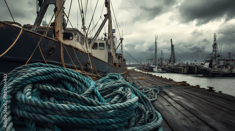 Obraz premium Fishing nets and ropes on steveston public docks, ropes, boats. Stormstone. Illustration