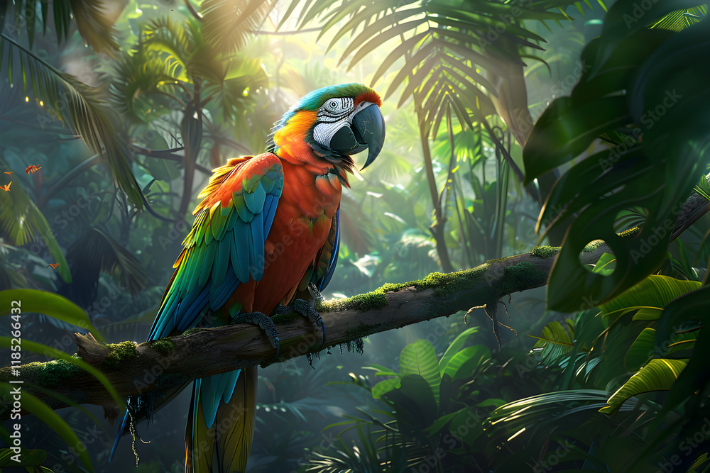 Vibrant Parrot Perched in a Tropical Rainforest Setting Vibrant Parrot Perched in a Tropical Rainforest Setting