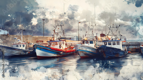 Marble wall are a panoramic photo of fishing boats and boats on the dock. Stormstone. Illustration photo