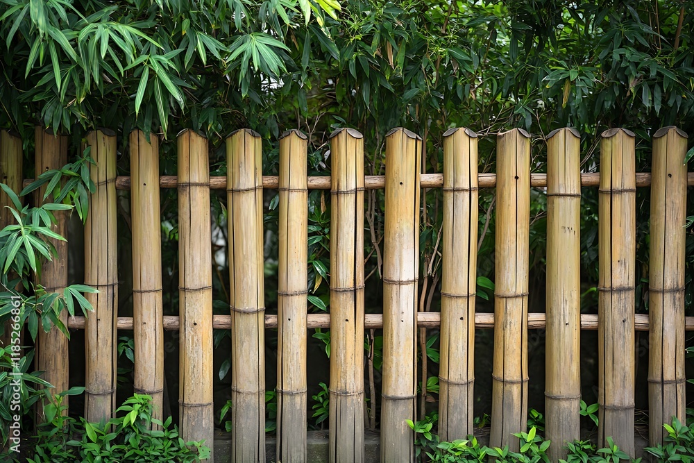 Obraz premium Bamboo leaves and bamboo fence background with space for your text