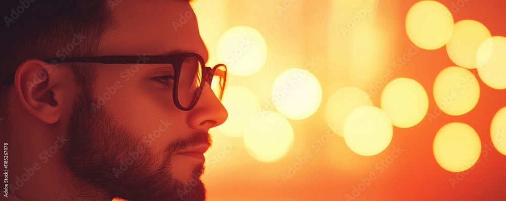 A close-up profile of a man with glasses against a warm, glowing background, showcasing a contemplative expression and soft bokeh lights. A close-up profile of a man with glasses against a warm, glowing background, showcasing a contemplative expression and soft bokeh lights.