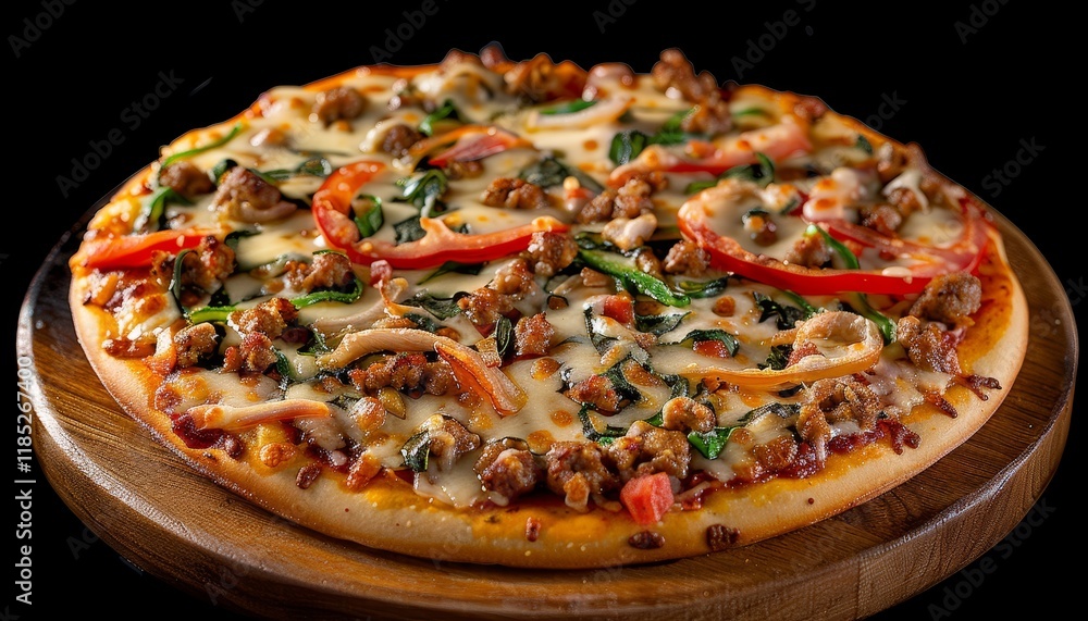 A delicious pizza with meat, spinach, and tomato on a wooden board. A delicious pizza with meat, spinach, and tomato on a wooden board.