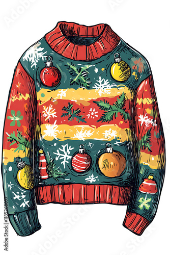 A colorful, festive sweater adorned with ornaments and snowflakes, perfect for holiday celebrations.