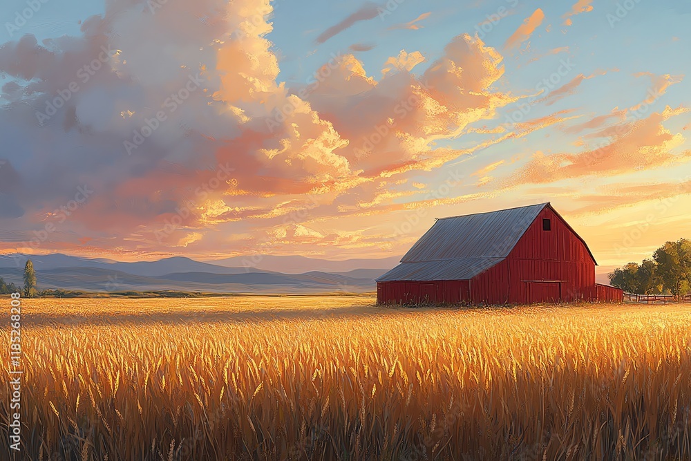 Golden Wheat Field Sunset: Red Barn in Serene Landscape Painting Golden Wheat Field Sunset: Red Barn in Serene Landscape Painting