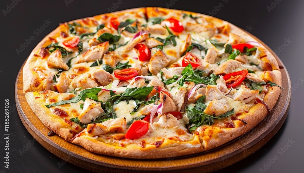 Close-up of a delicious chicken, spinach, and tomato pizza on a wooden board against a black background. Close-up of a delicious chicken, spinach, and tomato pizza on a wooden board against a black background.