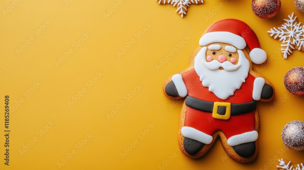 a cookie shaped like santa claus surrounded by christmas decorations a cookie shaped like santa claus surrounded by christmas decorations