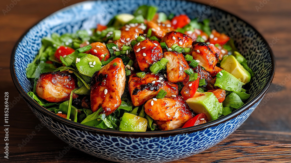 Chicken Avocado Salad Bowl: A vibrant and appetizing chicken salad bowl featuring grilled chicken, avocado, cherry tomatoes, and a drizzle of sesame seeds. Chicken Avocado Salad Bowl: A vibrant and appetizing chicken salad bowl featuring grilled chicken, avocado, cherry tomatoes, and a drizzle of sesame seeds.