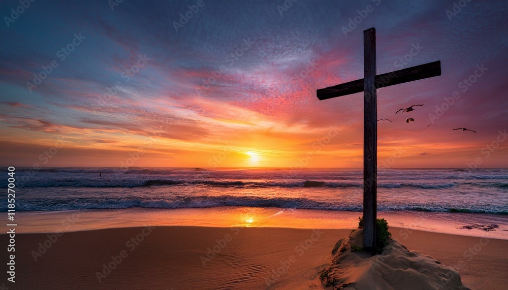 Sunset serenity: A wooden cross stands on a beach as the sun sets, casting warm colors across the sky. Sunset serenity: A wooden cross stands on a beach as the sun sets, casting warm colors across the sky.