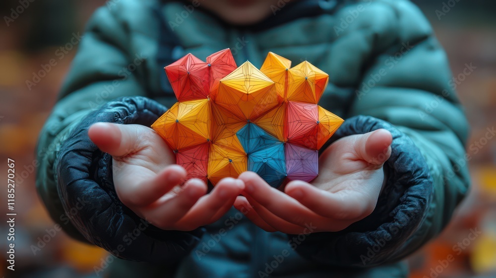Child's Hands Holding Colorful Geometric Puzzle Child's Hands Holding Colorful Geometric Puzzle
