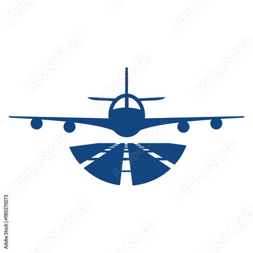 The image shows a flat logo design in round shape of an airplane taking off from the runway in an airport.