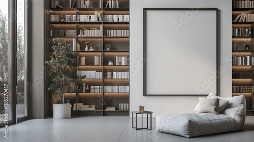 Library room with blank photo frame on the wall, version 39