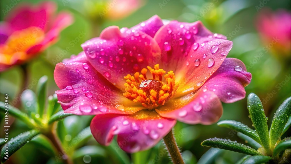 Obraz premium Dew-kissed Portulaca blooms greet the morning sun, perfectly framed by the rule of thirds.