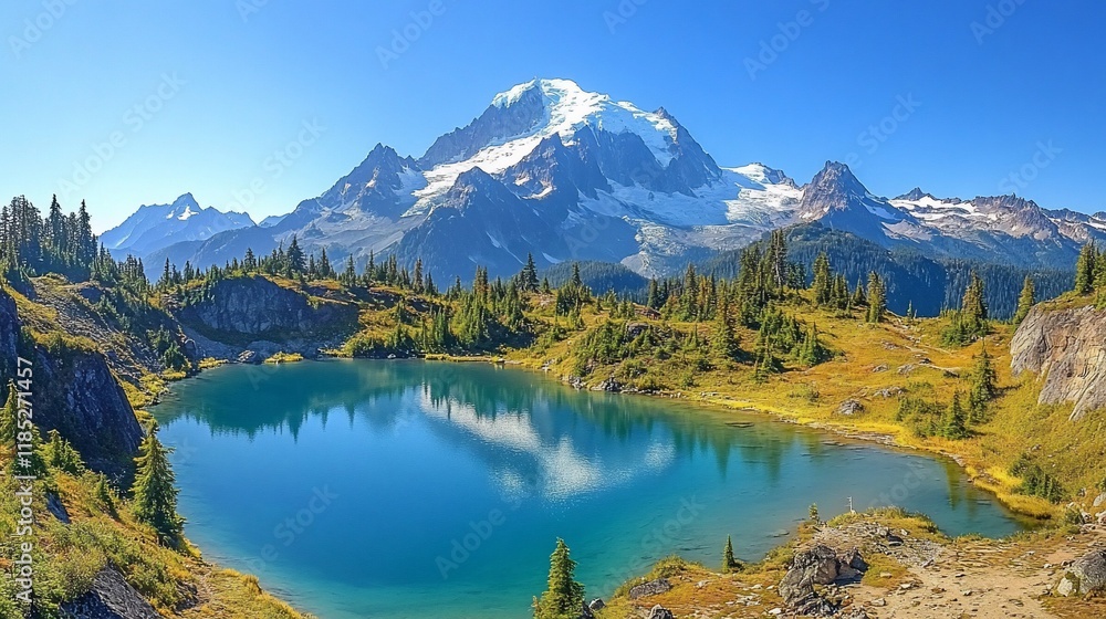 A serene mountain landscape with a reflective lake and lush greenery under a clear blue sky. A serene mountain landscape with a reflective lake and lush greenery under a clear blue sky.