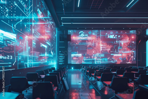 Empty futuristic conference meeting with holographic showing global data marketing digital network connection and international communication.