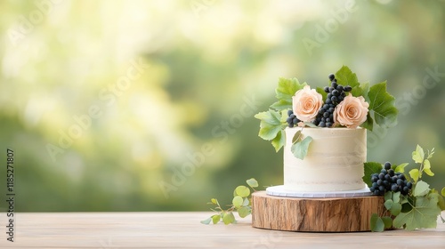 A white cake with flowers and berries on top sits on a wooden base photo