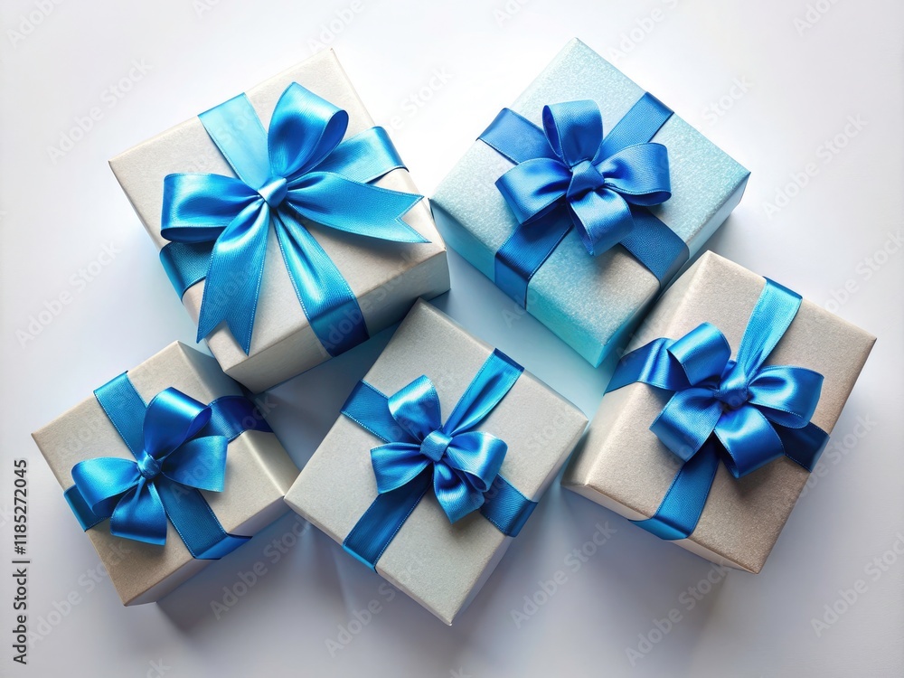 Elegant blue bow gift boxes, photographed from above on a pristine white background. Luxury packaging showcased. Elegant blue bow gift boxes, photographed from above on a pristine white background. Luxury packaging showcased.