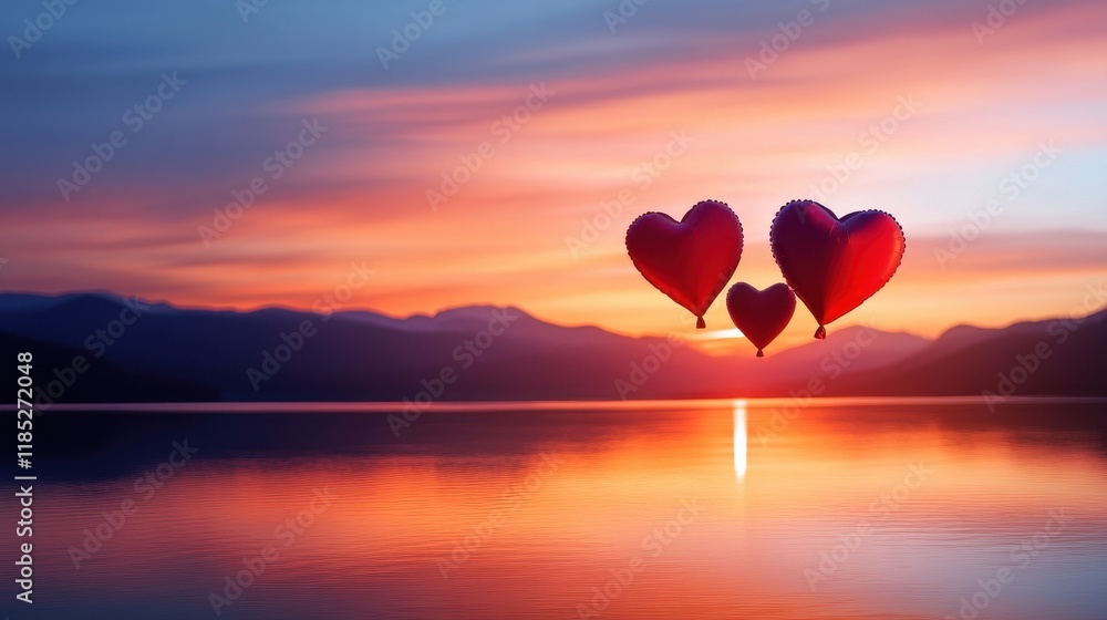 Obraz premium Releasing love balloons at sunset over a tranquil lake capturing emotions and dreams in nature