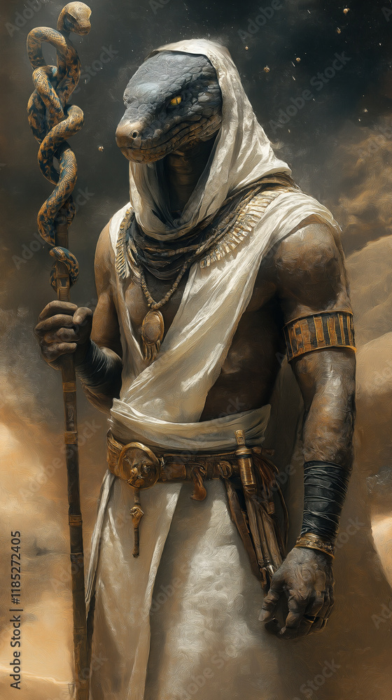 Fototapeta premium Ancient Egyptian Sorcerer with Serpent Staff in Desert Winds