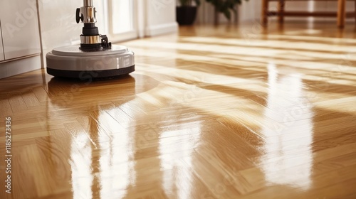 A floor polisher with a retro design, shining a wooden floor