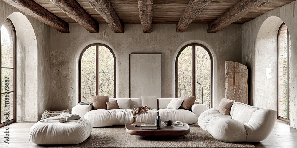 Luxurious rustic living room, panoramic mountain view, exposed wooden beams, stone fireplace, cozy white sofas, natural textures, earth tones, large windows, modern minimalist decor, open concept desi Luxurious rustic living room, panoramic mountain view, exposed wooden beams, stone fireplace, cozy white sofas, natural textures, earth tones, large windows, modern minimalist decor, open concept desi