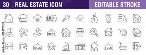Collection of real estate icons. Sales, rental, repair, investment. Vector design template, signs, symbols, editable stroke.