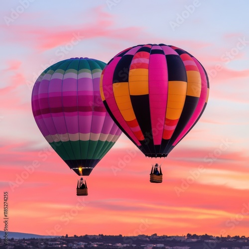 Colorful hot air balloons in vibrant sunset sky photo