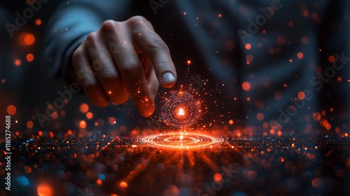 Hand activating futuristic glowing interface.