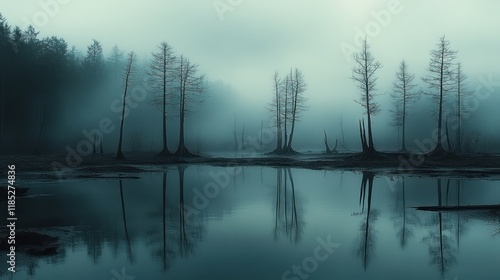 Desolate landscape with barren trees in misty marsh reflecting in still water under dark surrealism