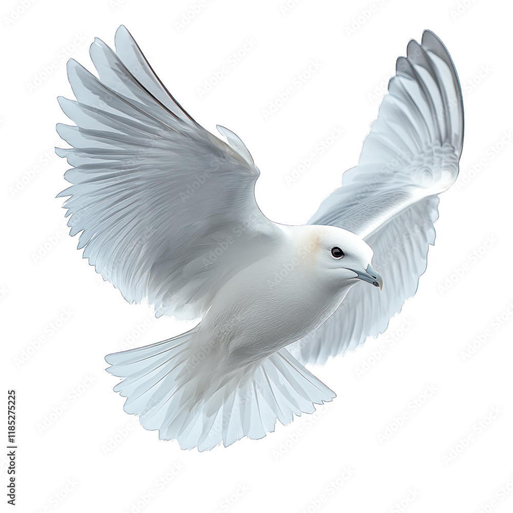 Fototapeta premium A white bird in flight with spread wings against a transparent background.