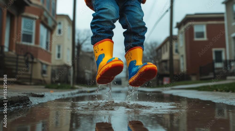 Child Joyfully Jumping in a Puddle on a Rainy City Street Child Joyfully Jumping in a Puddle on a Rainy City Street