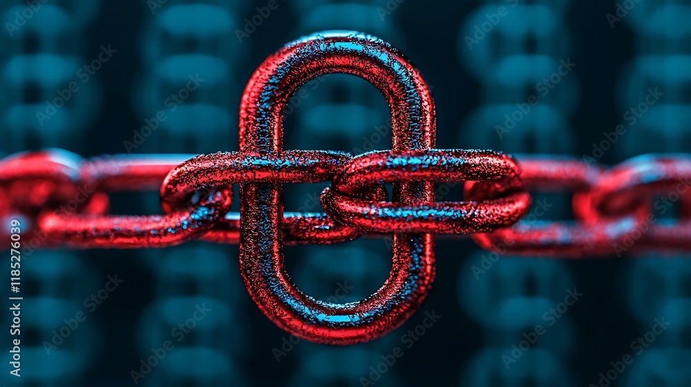 Close-up of a red metallic chain link against a binary code background. Close-up of a red metallic chain link against a binary code background.