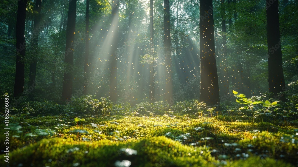Fototapeta premium Sunbeams illuminate a mystical forest floor covered in moss, with light particles floating in the air.