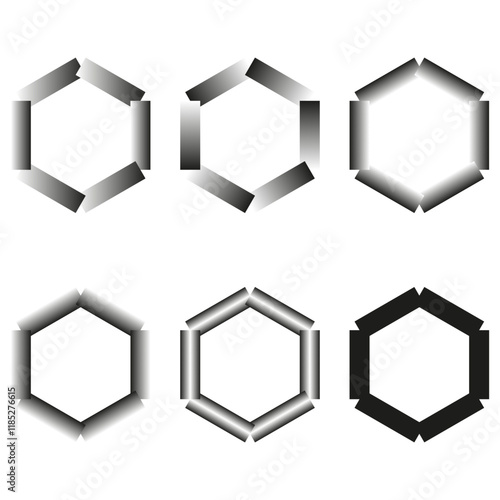 Hexagon gradient shapes. Black and gray tones. Geometric vector designs. Abstract minimalistic forms.